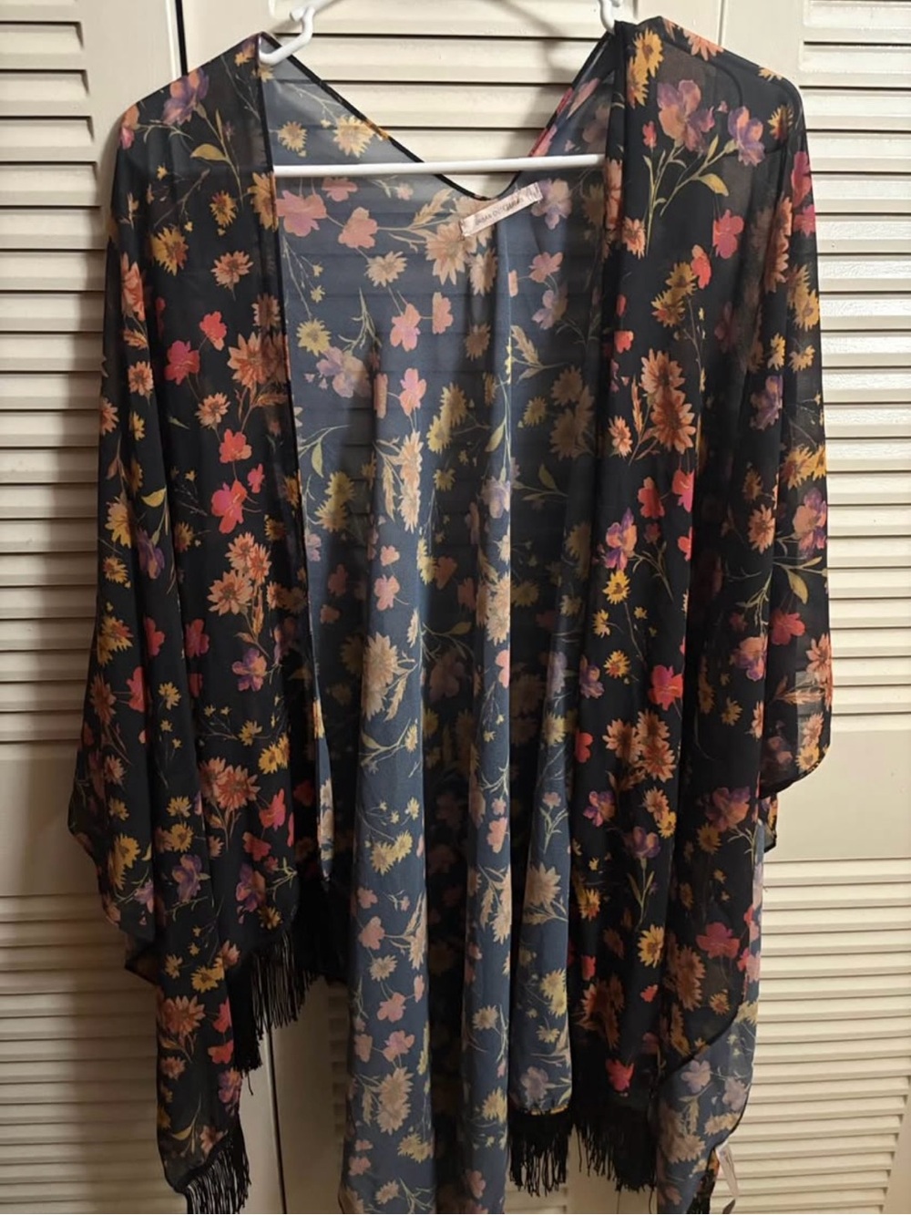 Urban Outfitters Sheer Black Floral Kimono with Fringe